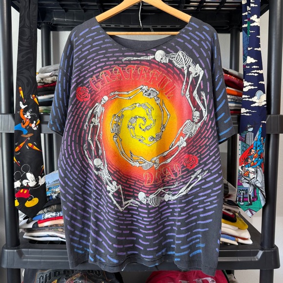 Grateful Dead Other - Vintage 90s Black Grateful Dead Spiral Skeletons All Over Print T-Shirt XL